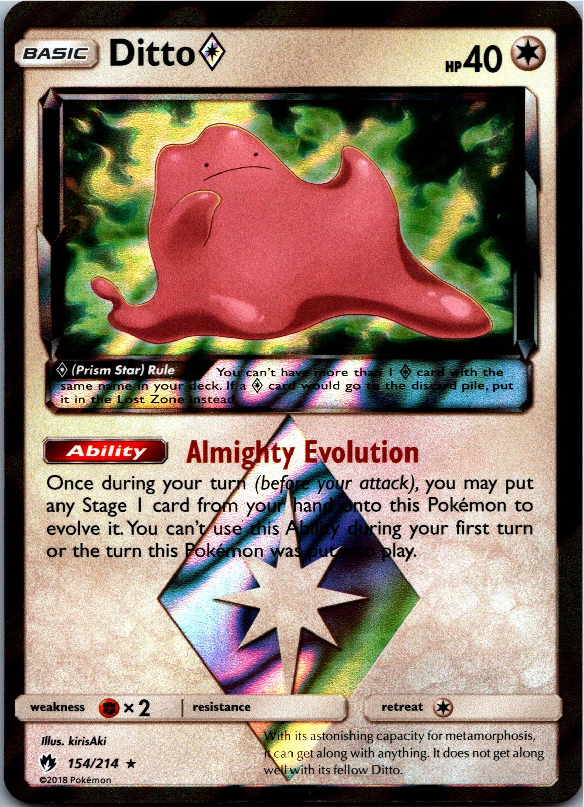 Ditto Prism Star Prism Rare SM - Lost Thunder 154/214 NM