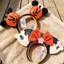 2PCS Disney- Parks Halloween Jack O' Lantern Pumpkin Ear  Floral Ghost Headband