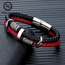 Viking 男式真皮手链 Norse Runes Valknut 不锈钢-