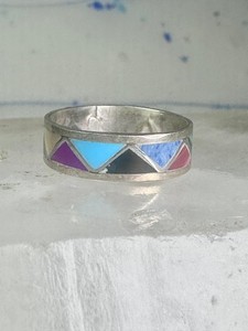 Zuni turquoise ring malachite lapis wedding band Size 7 Vintage sterling silver 
