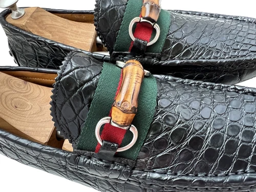 $4400 Gucci Crocodile Alligator Shoes Bamboo Bit Green Red Web Drivers Loafers 9