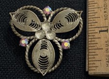 Vintage Filigree Brooch Triple Circles Silver Tone 3 Rhinestones Missing