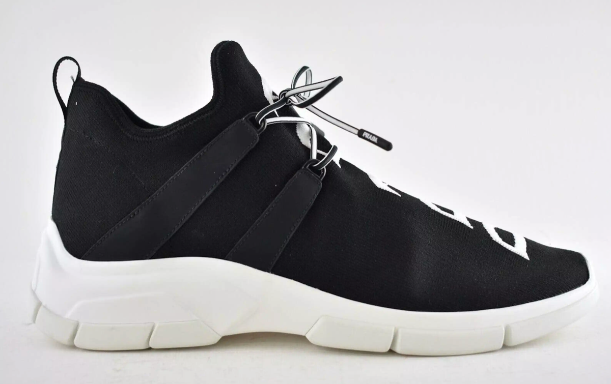 Prada Mens XY Logo Sock Black White Knit Flat Trainer Sneaker UK