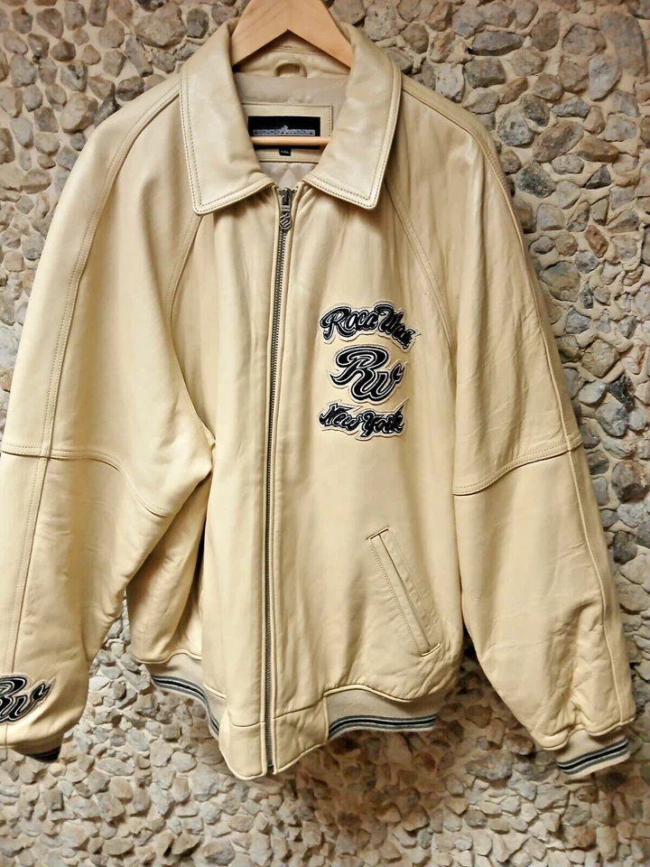 Chaqueta estilo bomber de cuero pesado RockaWear New York vintage para hombre 2XL $160.00