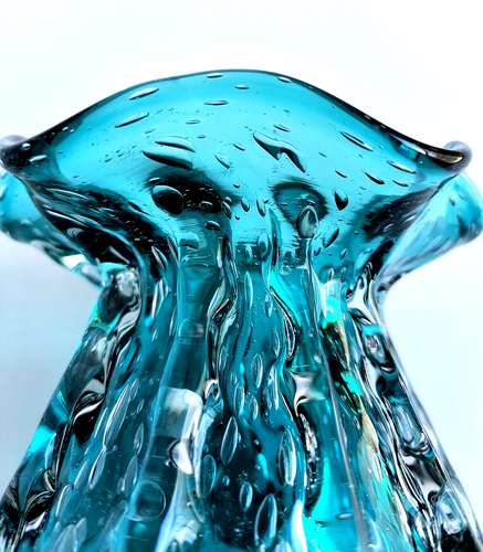 Vintage Turqouise Hand Blown Art Glass Ruffled Rim Side Tucks Vase 4.75" Height - Picture 6 of 13