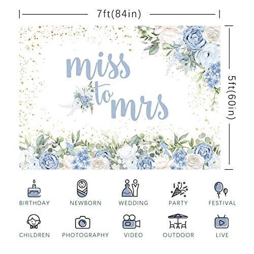Miss To Mrs Backdrop Blue Floral Gold Dots Bridal Shower Photography Background - Picture 6 of 7
