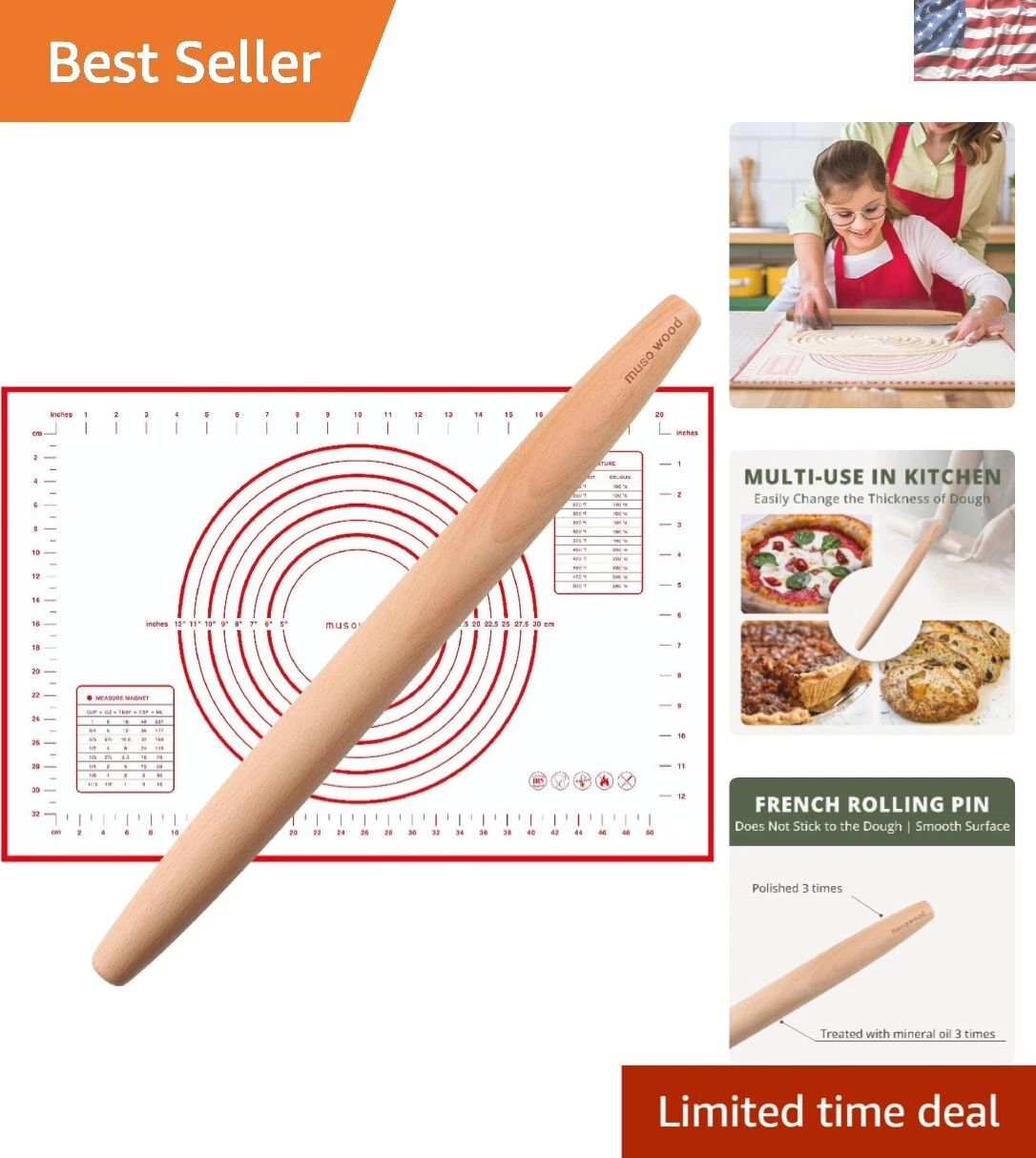 15.75-Inch Beech Wood French Rolling Pin & Silicone Mat for Pastry Perfection
