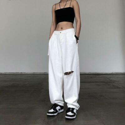Unisex White Denim Pants Ripped Wide Leg Jeans Casual
