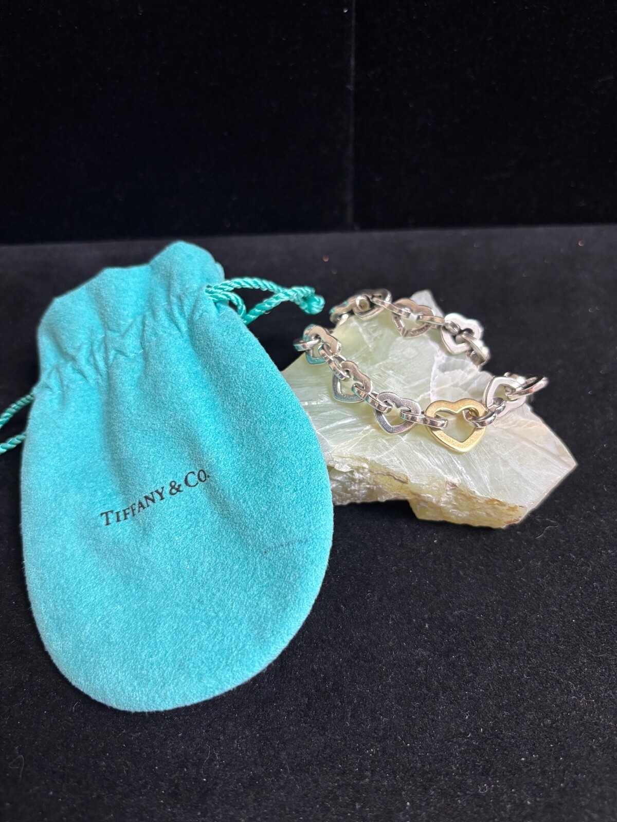 TIFFANY & CO. STERLING SILVER 18K GOLD OPEN HEART BANGLE BRACELET W/ POUCH 7.5”