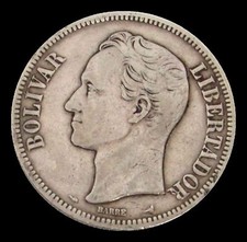 1904 SILVER VENEZUELA 5 BOLIVARES NEAR DATE VERY  FINE CONDITION