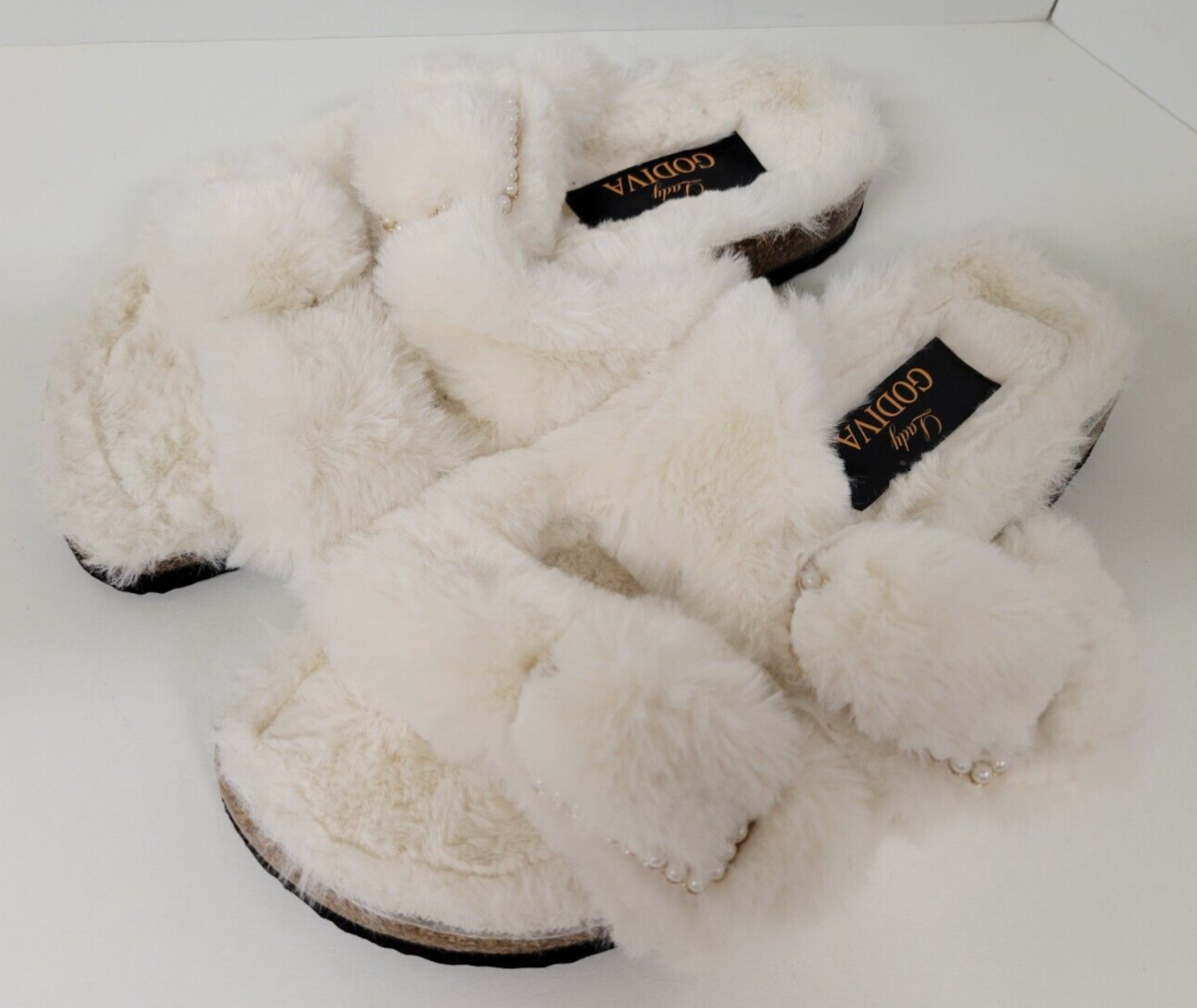 Lady Godiva White Faux Fur Open Toe Buckled Cork Slide Sandals