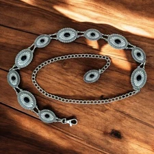 Western Concho Women Belt Silver Oval Medallion Boho Cowgirl Waist Chain