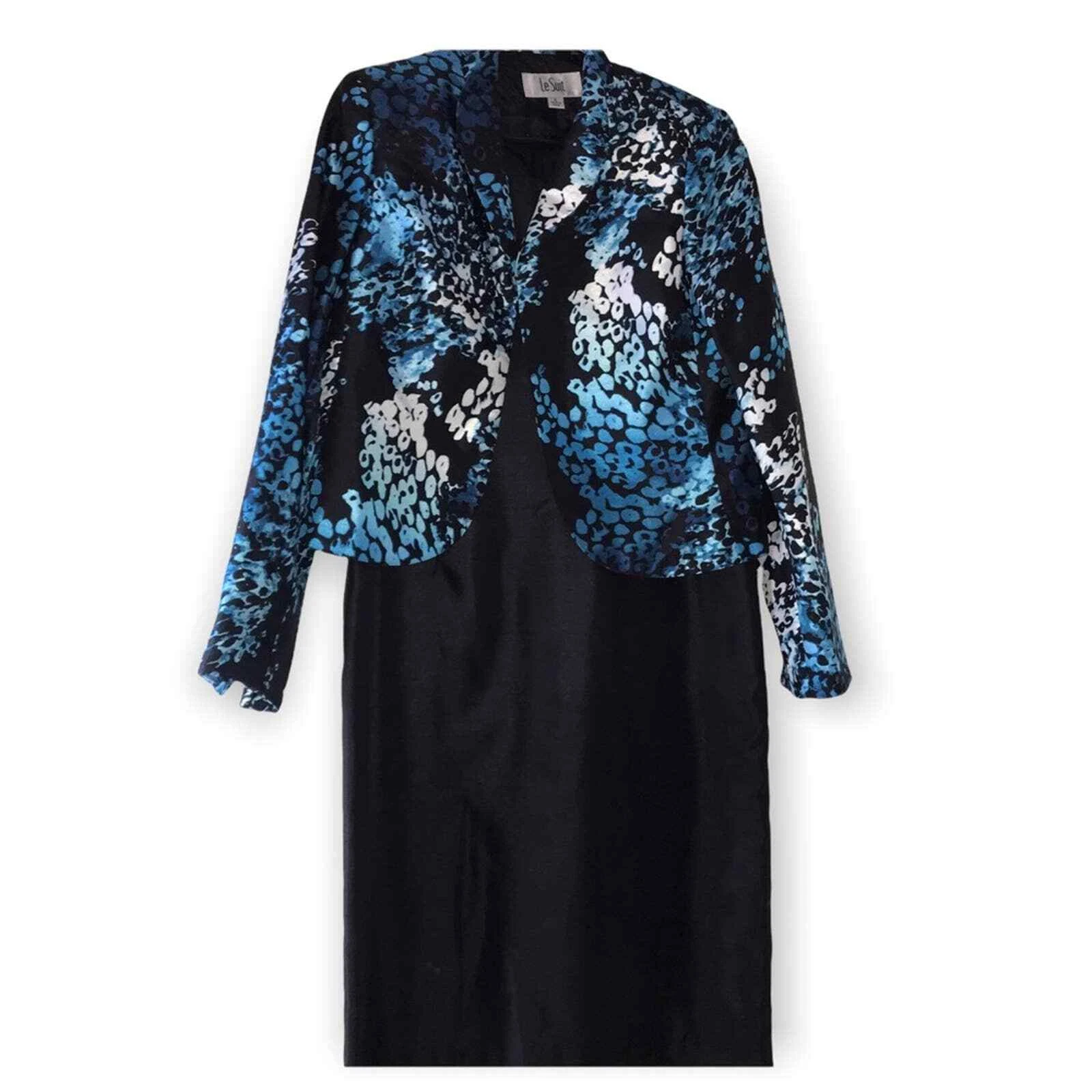 Le Suit 2PC Blazer & Dress Set Blue Black Abstract Career Evening Size 6