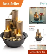 Indoor Resin Water Fountain 11-inch Tiered Rustic LED Candle Decor for Tabletop