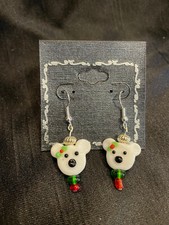Christmas Polar Bear Earrings with holly head bow -handmade, new
