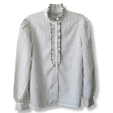 VTG 80s Ruffle High Neck White Black Pinstripe Blouse Shirt L Victorian Vampire