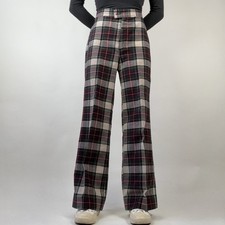 70s Vintage HIS Tartan Wool Bell Bottom Flare Pants 26  Elastic Waist Red Green
