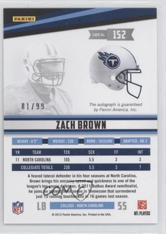 2012 Rookies & Stars Longevity Emerald Rookie Signatures /99 Zach Brown Auto RC - Image 2 of 2