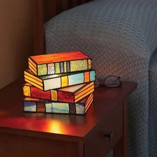 Stained Glass Stacked Books Lamp Night Light,Vintage Nightstand Desk Book Lamps 