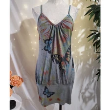 Vtg Y2K Charlotte Russe Crinkle Butterfly Dress Sz L Rainbow Whimsy Fairy Grunge