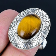 Fascinating Tiger Eye Gemstone 925 Sterling Silver Jewelry Ring Size Adj.