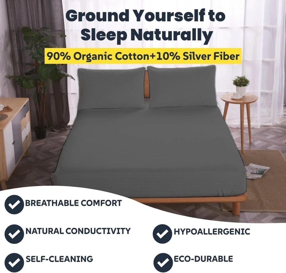Sábana bajera de algodón orgánico de lujo: tamaño king, 90 % algodón + 10 % fibra plateada Foto 4 de 4