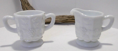 Vintage Creamer and Sugar Bowl Paneled Grape Pattern Milk Glass Westmoreland