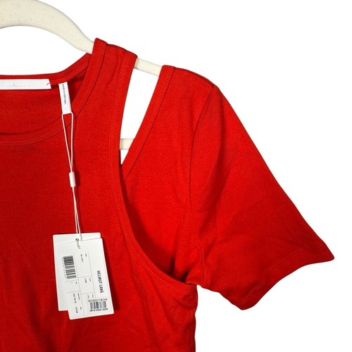 Helmut Lang Shirt Womens L Red Ribbed Layer Tee Cut-Out Shoulder Elongated Hem - Picture 7 of 14