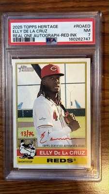 2025 Topps Heritage High #ROA-ED Red Auto Elly De La Cruz PSA-7 Mint 13/77 Reds