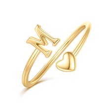 Ailetop Rings for Teen Girls - Gold Initial M Heart Ring Adjustable, 14K