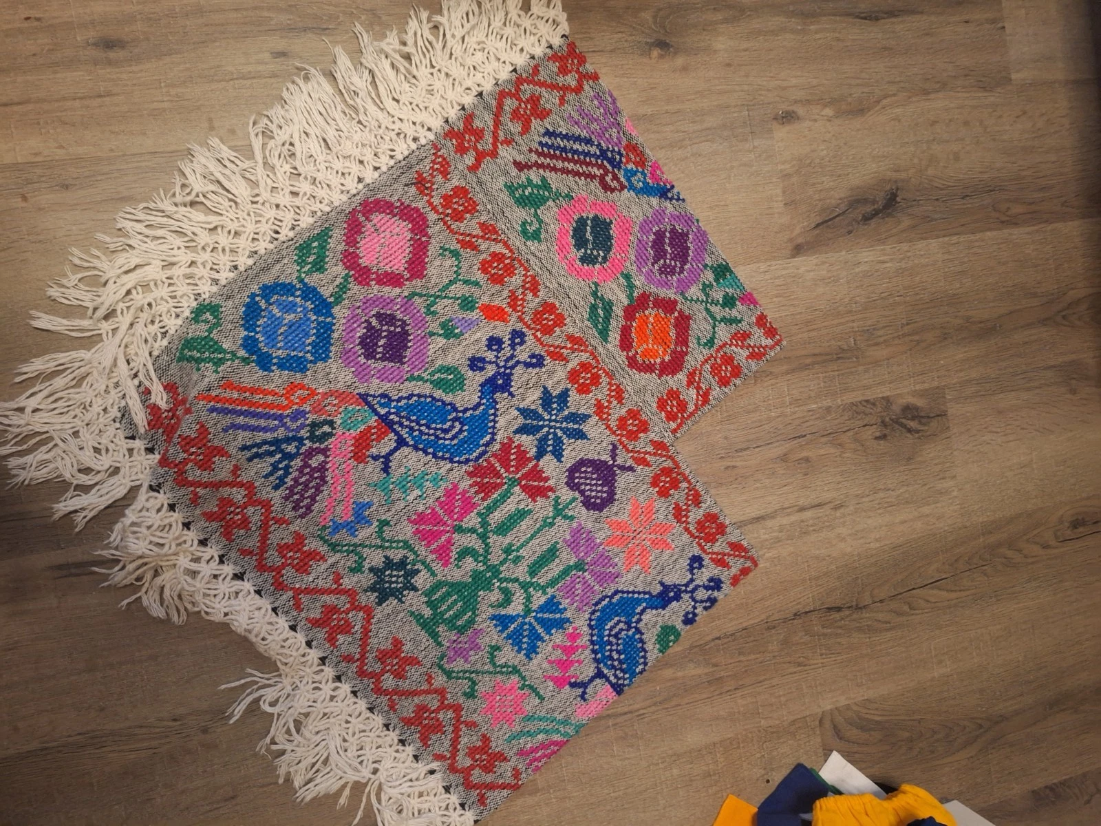 Hand Knit Mexican Mananita Poncho Peacock Colorful Fringe Women size S/M
