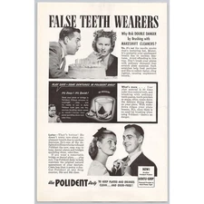 Polident Denture Cleaner 1945 Vintage Print Ad Dentu Grip Handsome Man and Woman