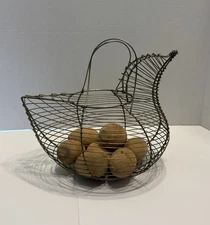 Vintage Chicken Shaped Metal Wire Basket & 8 Wood Eggs Farmhouse Decor 9" tall