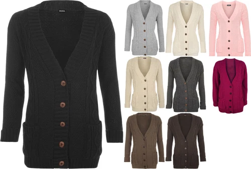 Women Ladies Long Sleeve Button Top Chunky Aran Cable Knitted Grandad Cardigan