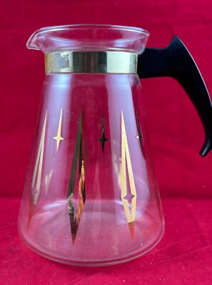 VINTAGE PYREX CARAFE MCM COFFEE / TEA POT 2-CUP NO LID GOLD ATOMIC STARBURST USA