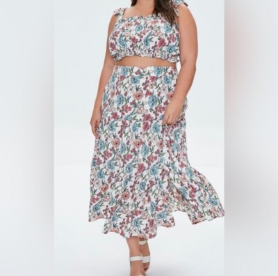 Forever 21 Plus Size Cream Multi Floral Print Crop Top Skirt Set Size 2X 
