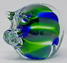 Art Glass Pig Figurine Paperweight clear w/ blue & green swirl 3.5" tall 4" long
