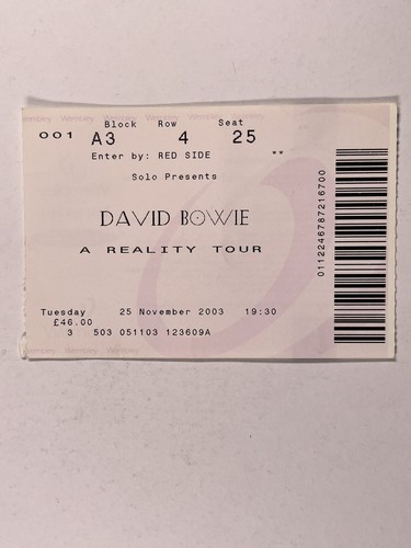 David Bowie Ticket A Reality Tour Original Wembley Stadium London November