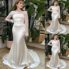 Silk Satin Mermaid Wedding Dresses with Long Sleeves Lace Applique Bridal Gowns
