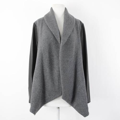 Theory Sz L Gray Black Leather Sleeves Virgin Wool Nylon Cashmere Wrap Sweater - Picture 3 of 17