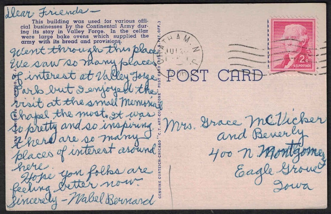 1956 NEW JERSEY Postcard Chatham to Eagle Grove, Iowa U3 eBay