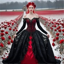 Black Red Gothic Wedding Dress Long Sleeves Vintage Corset Princess Wedding Gown