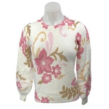 Ann Taylor LOFT Women's White Floral Crew Neck Pullover Sweater Top Size XXS