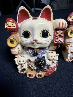 2 Maneki Neko Lucky Cat Japanese Beckoning Cat Figurine Daruma Koi Fish