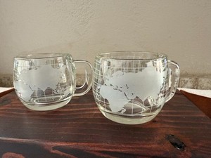 Vintage Pair of Nestle Nescafe 1970s Clear Glass Globe World Coffee-Tea Mug Cup