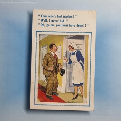Donald McGill Comic Postkarte um 1955 Entbindungsstation Krankenschwester Drillinge frech