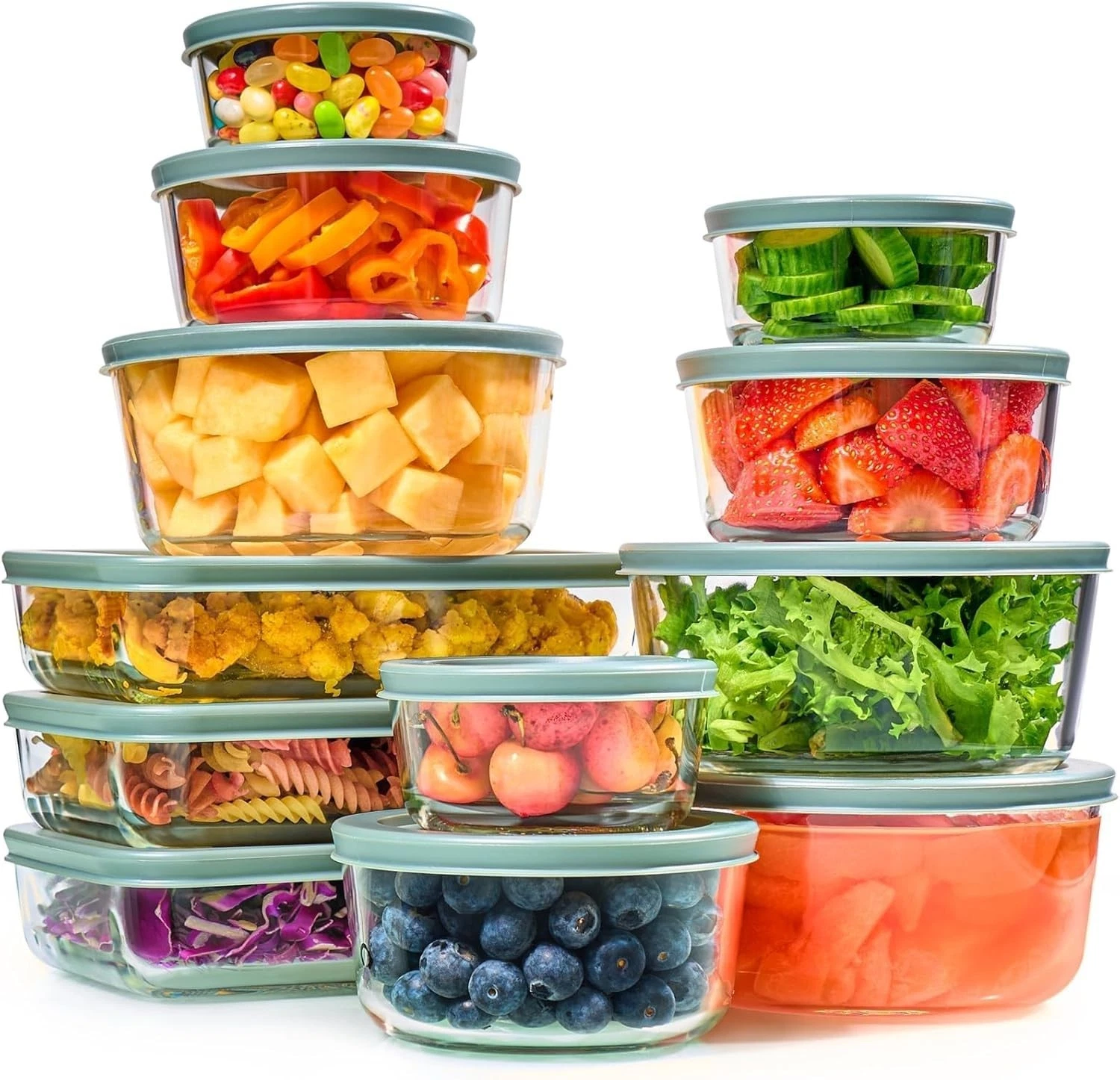 24pc Set Glass Food Storage Containers & Bowls W/ Airtight Lids Leakproof