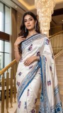 Ajrakh Print Saree Semi Modal Silk Real Mirror Work Moti Pallu Traditional Sari