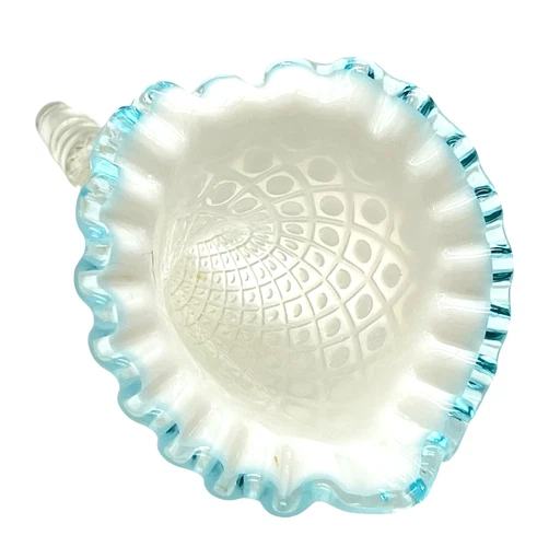 Vintage Fenton Aqua Crest Opalescent Diamond Lace EPERGNE HORN  Clear Blue edge