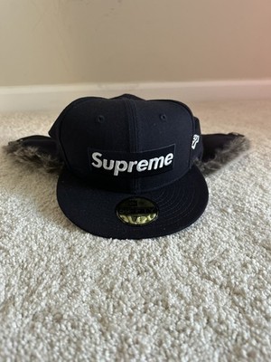 SUPREME x NEW ERA Ear Flap Faux FUR TRAPPER Hat navy blue size 7.5